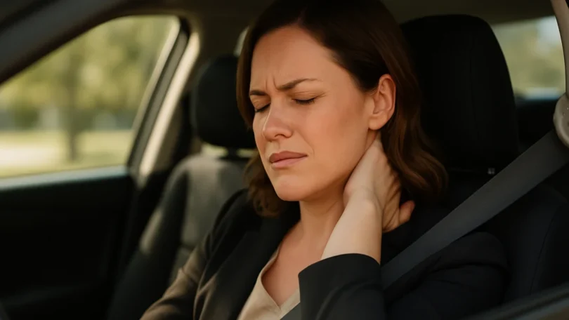 Woman in a car holding her neck in pain from whiplash