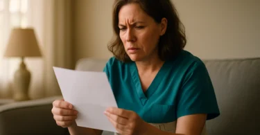 Woman in scrubs upset after her workers comp claim was denied