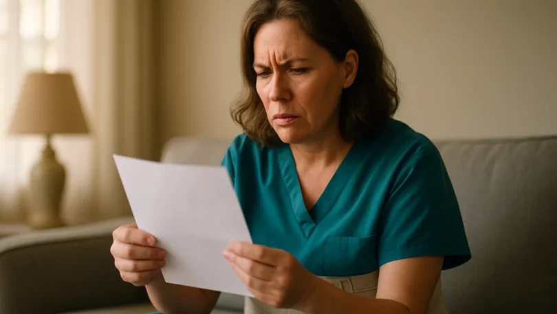 Woman in scrubs upset after her workers comp claim was denied